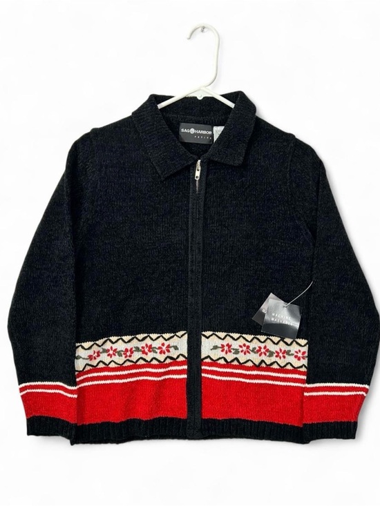 Sag Harbor Sweaters - Sag Harbor Cardigan Y2K Retro Soft Black Red Full Zip Chenille Coastal Grandma